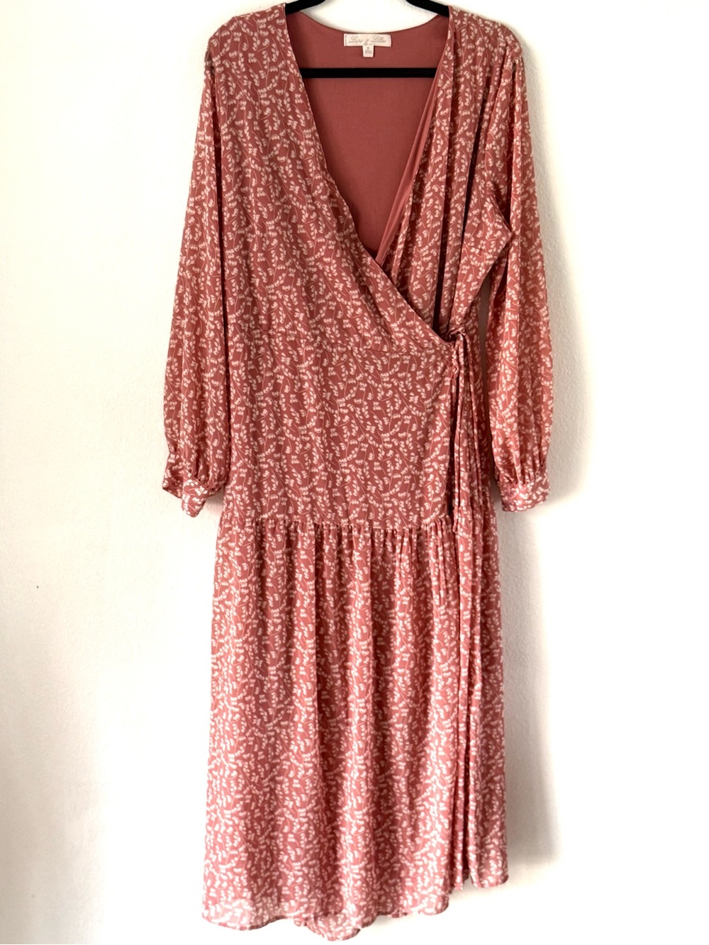 Dusty Rose Floral Wrap Midi Dress with Long Sleeves